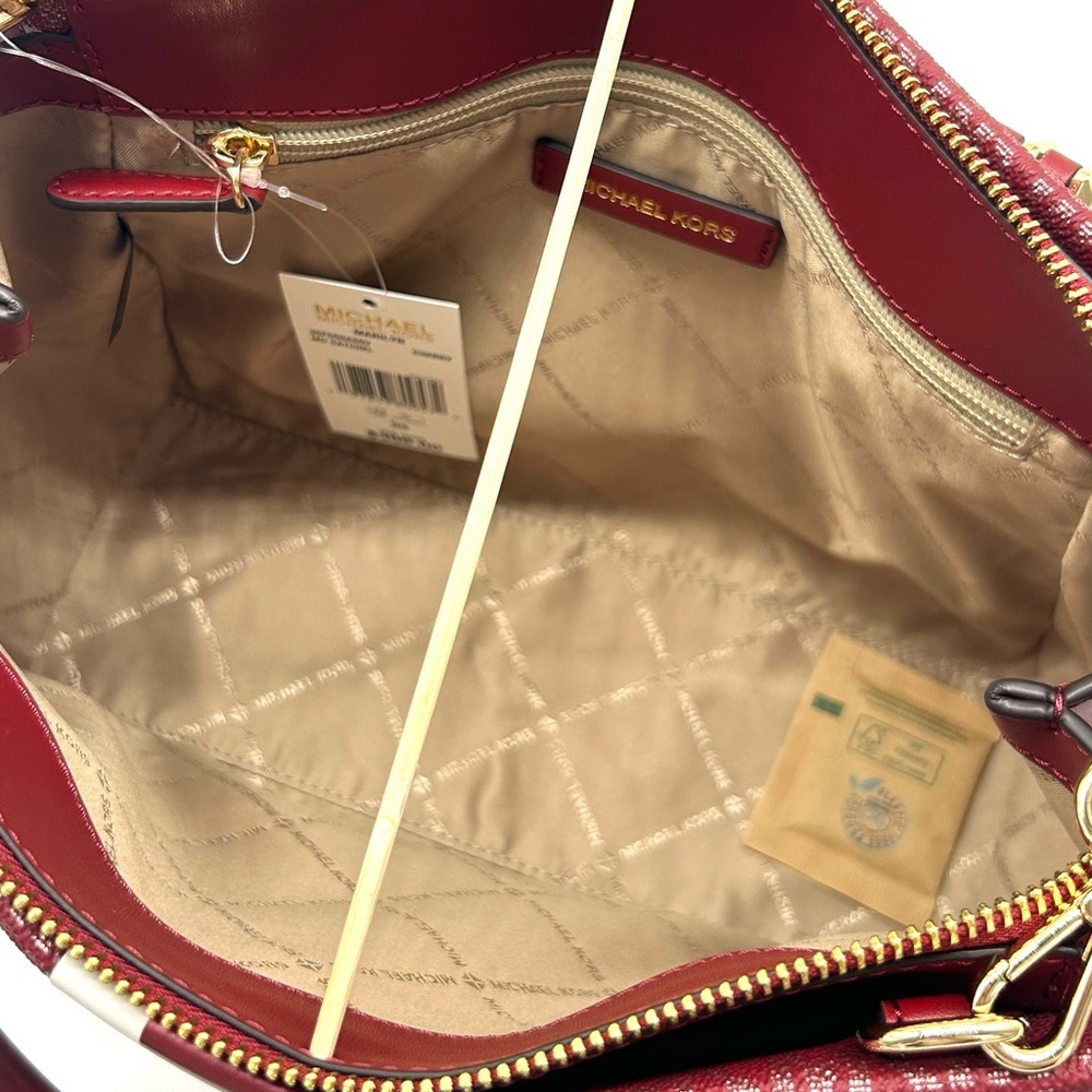 Michael Kors Marilyn Medium Signature Logo Stripe Satchel Bag Cherry - Picture 9 of 10
